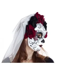 Sugar Skull Maske Mit Blumen & Schleier -Spooky Masken Geschaft sugar skull maske mit blueten und schleier day of the dead mask with roses and veil 50515 03