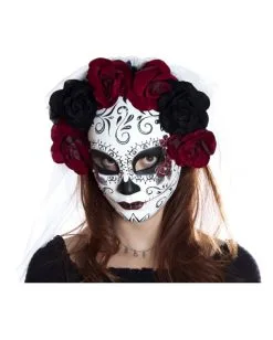 Sugar Skull Maske Mit Blumen & Schleier -Spooky Masken Geschaft sugar skull maske mit blueten und schleier day of the dead mask with roses and veil 50515 04